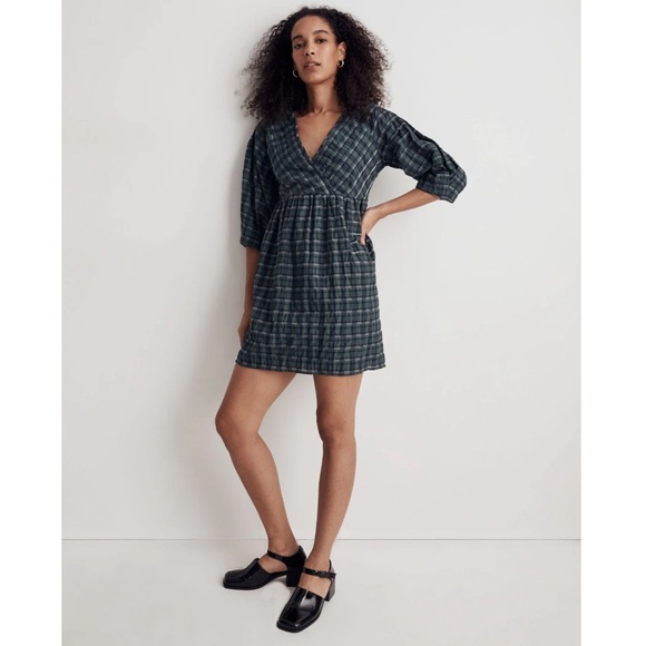 Madewell Petite Marianna Puff Sleeve Mini Dress In Plaid - Picture 1 of 10